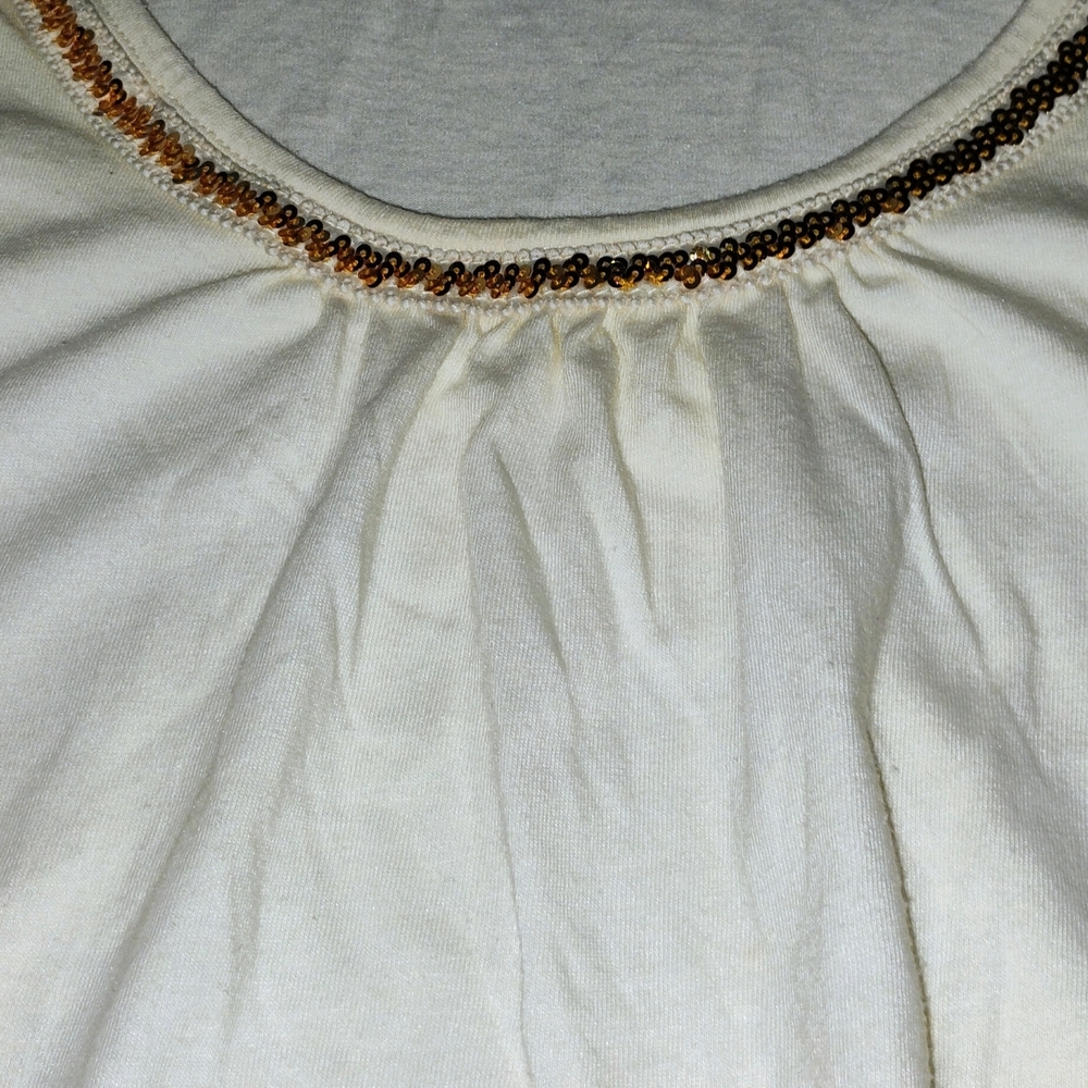 Women’s Cream Short-Sleeve Scoop Neck Top with Sequin Trim